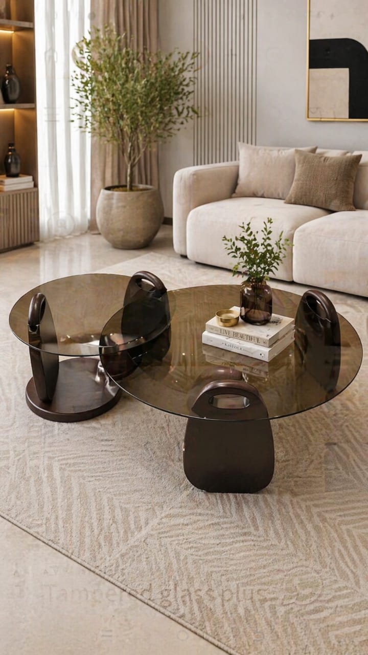 Tampered glass plus wood base luxury 2 in 1 coffee table