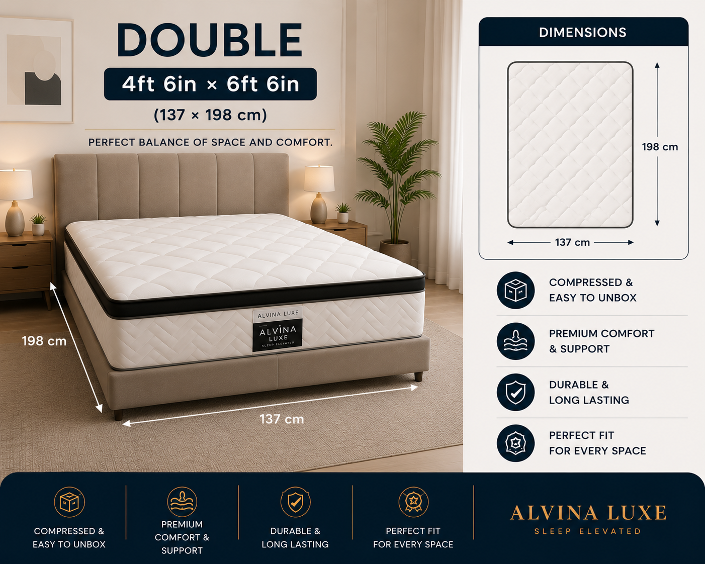 4ft 6in by 6ft 6in compressed mattress