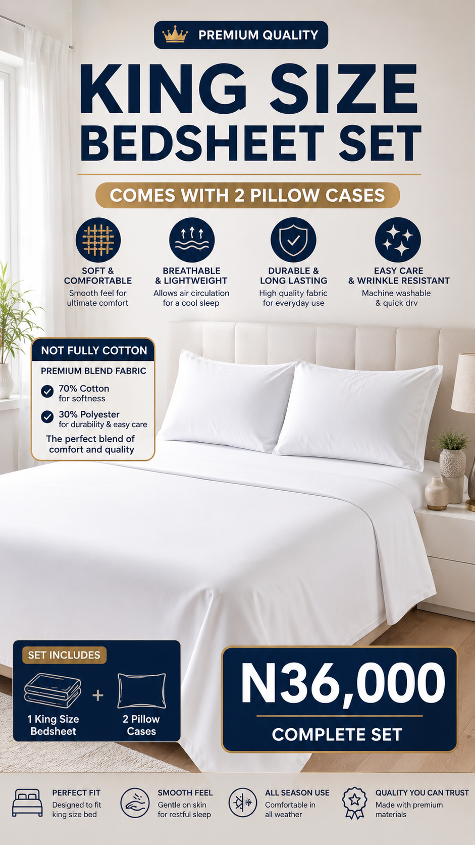 King size White Bedsheet with 2 pillows cases