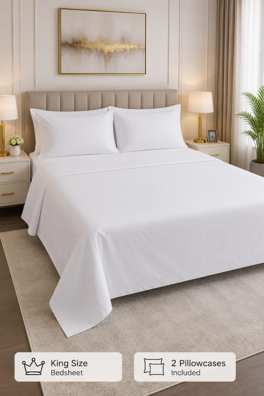 King size White Bedsheet with 2 pillows cases