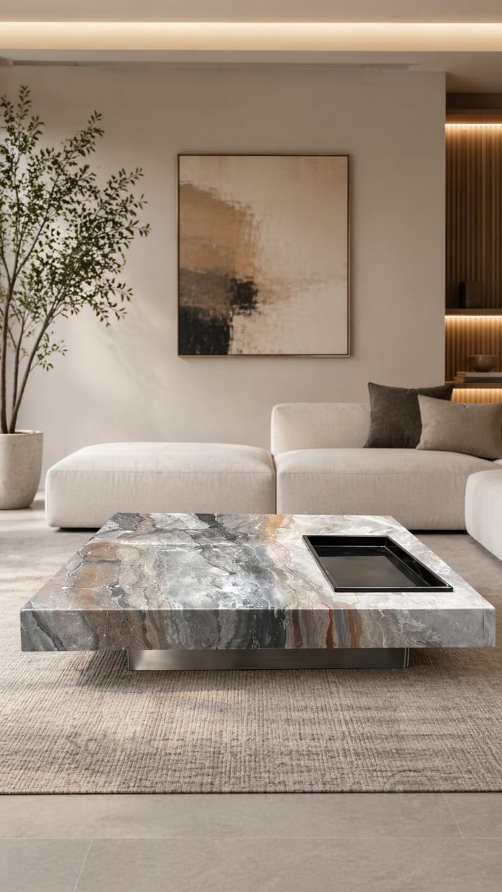 Solid stainless steel base+natural marble coffee table