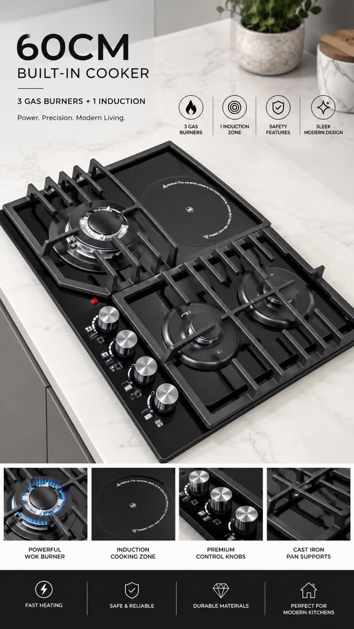 In-built 3 burner and 1 induction cooker