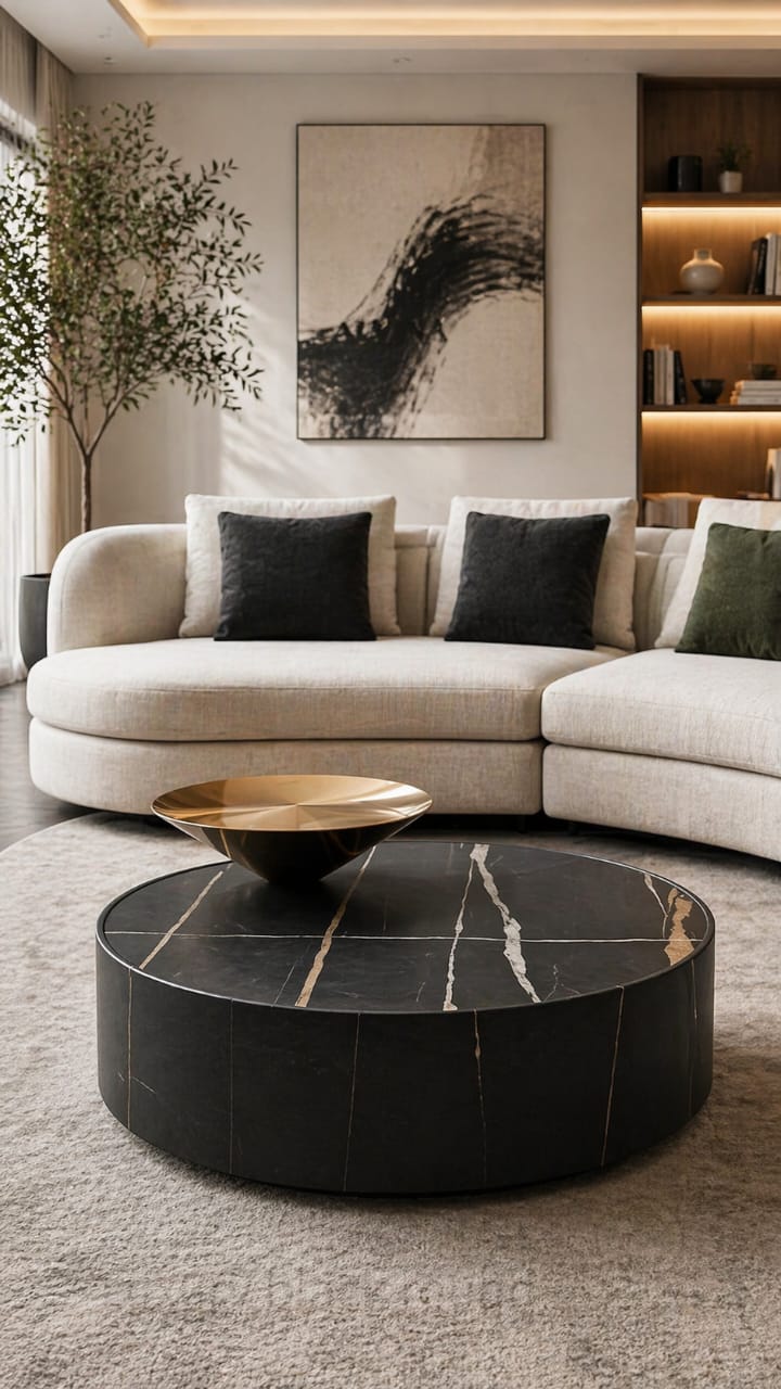Luxury black round marble with stainless Coffee  table