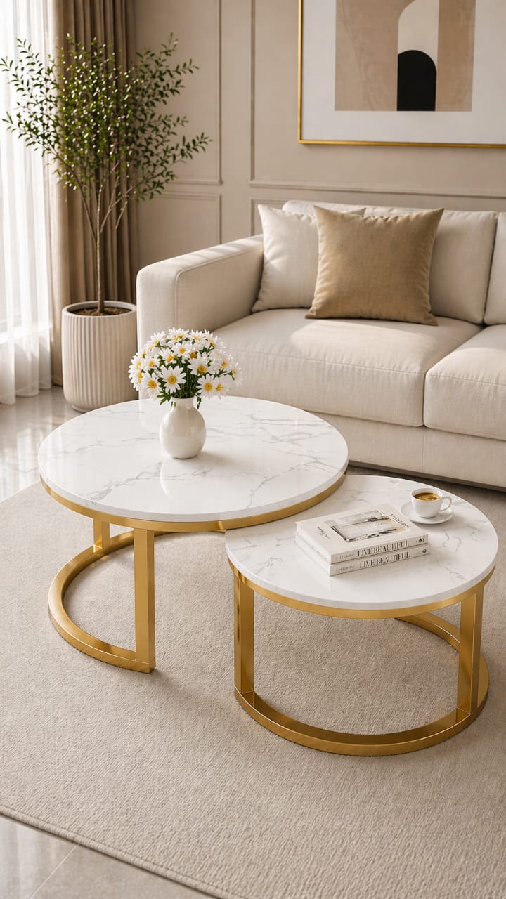 2 in 1 white and white marble top  center table