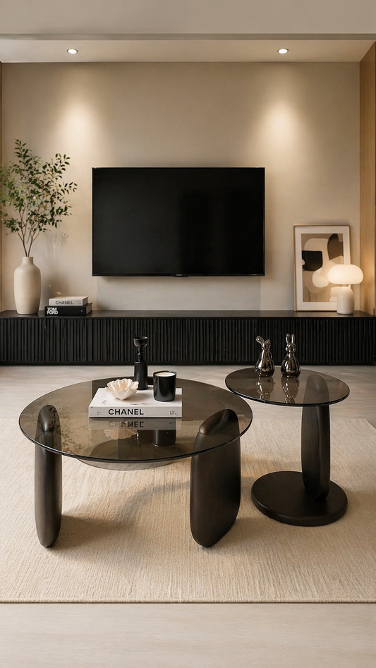 Tampered glass plus wood base luxury 2 in 1 coffee table