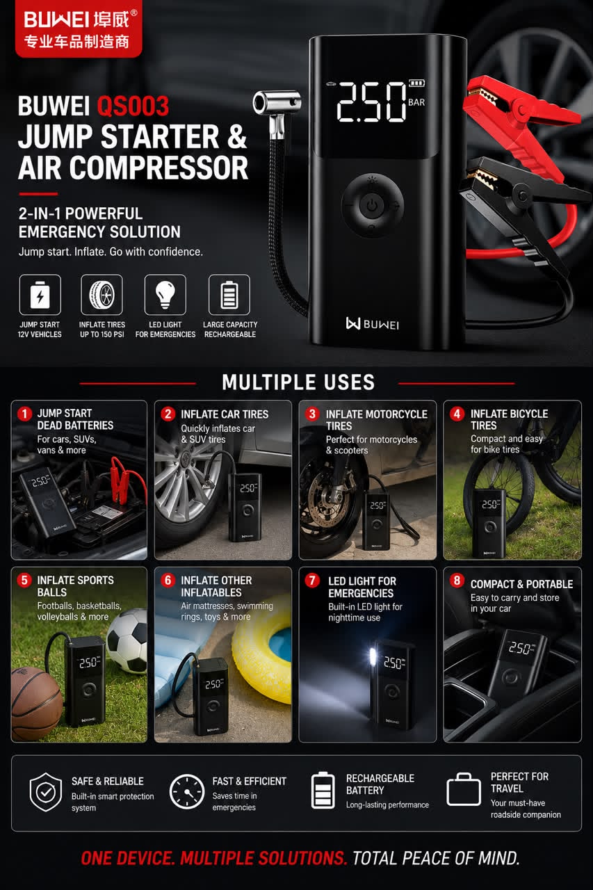 BUWEI QS003 Portable Jump Starter & Air Compressor