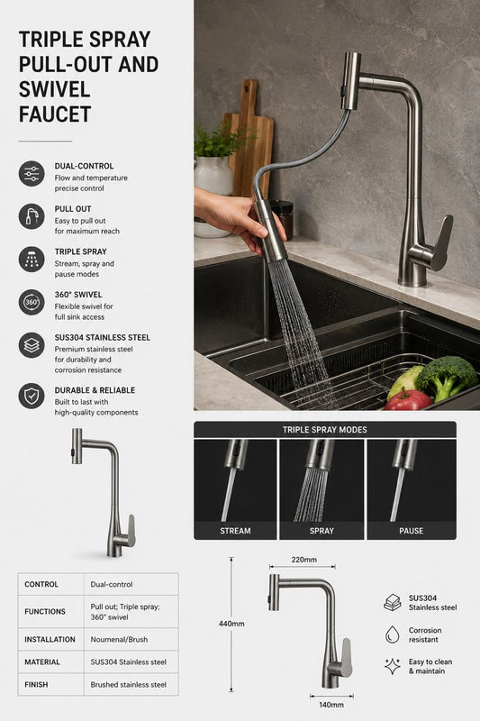 Triple spray pullout swivel faucet (Tap)